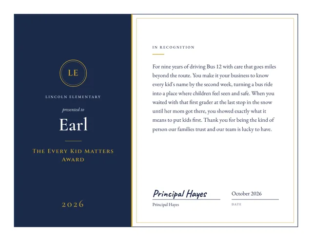 The Every Kid Matters Award certificate for Earl, Lincoln Elementary