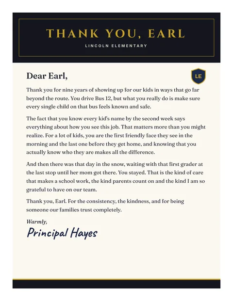 A personal letter to Earl from Principal Hayes, Lincoln Elementary