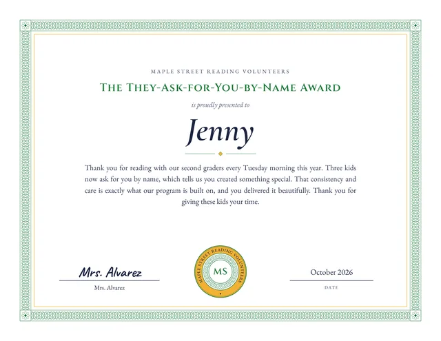 The They-Ask-for-You-by-Name Award certificate for Jenny, Maple Street Reading Volunteers