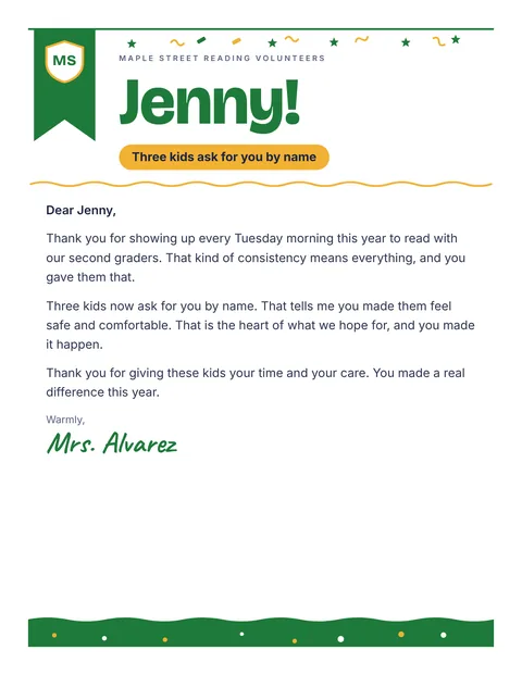 A personal letter to Jenny from Mrs. Alvarez, Maple Street Reading Volunteers