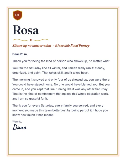 A personal letter to Rosa from Dana, Riverside Food Pantry