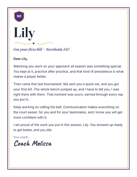 A personal letter to Lily from Coach Melissa, Northside 14U