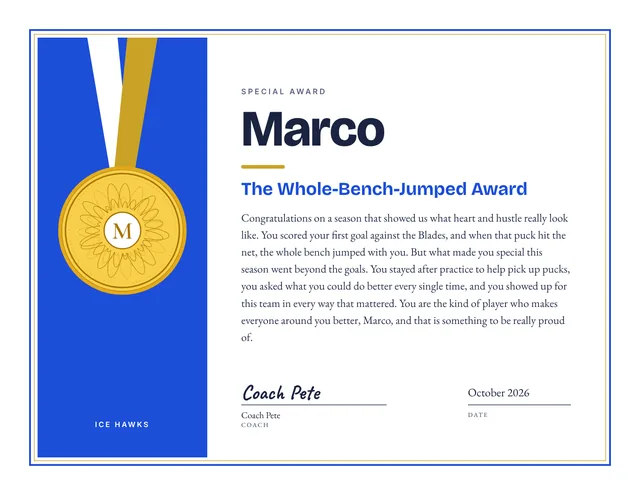 The Whole-Bench-Jumped Award certificate for Marco, Ice Hawks