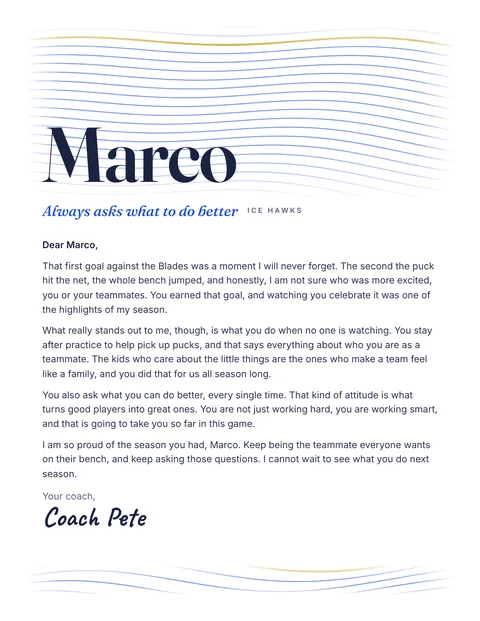 A personal letter to Marco from Coach Pete, Ice Hawks