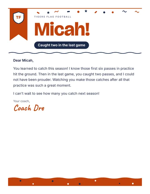 A personal letter to Micah from Coach Dre, Tigers Flag Football