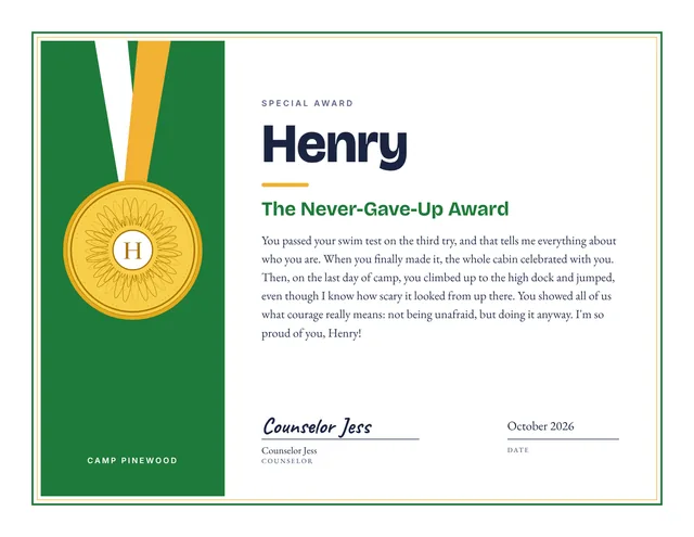 The Never-Gave-Up Award certificate for Henry, Camp Pinewood