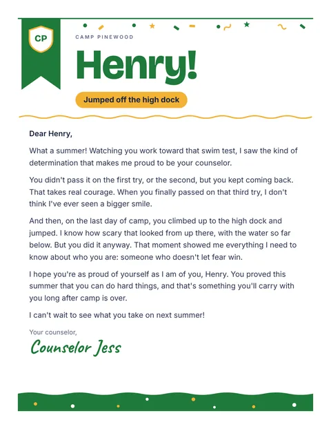 A personal letter to Henry from Counselor Jess, Camp Pinewood