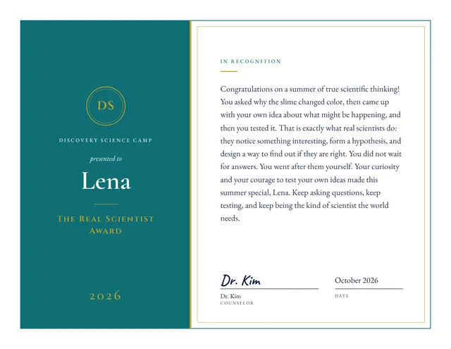 The Real Scientist Award certificate for Lena, Discovery Science Camp