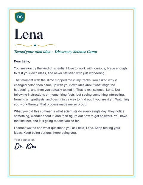 A personal letter to Lena from Dr. Kim, Discovery Science Camp