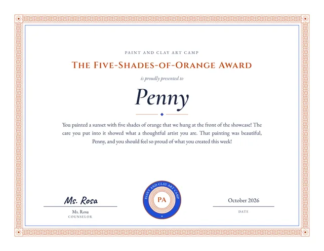 The Five-Shades-of-Orange Award certificate for Penny, Paint and Clay Art Camp