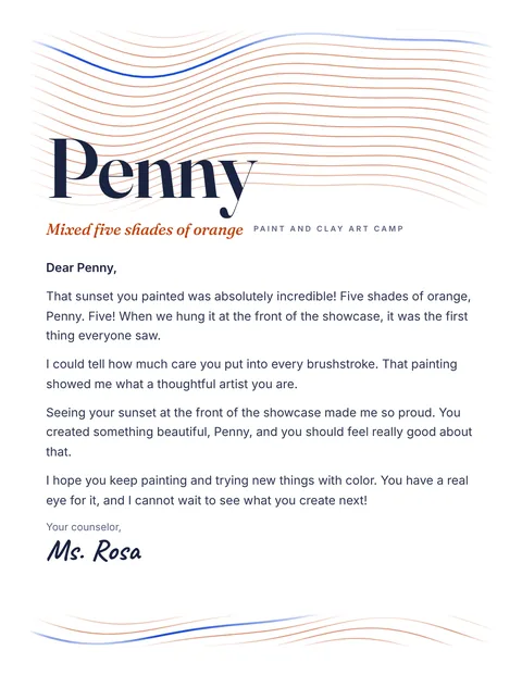 A personal letter to Penny from Ms. Rosa, Paint and Clay Art Camp