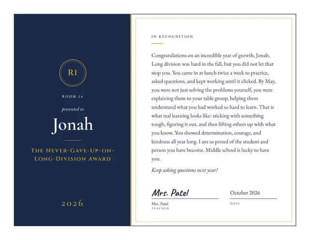The Never-Gave-Up-on-Long-Division Award certificate for Jonah, Room 14