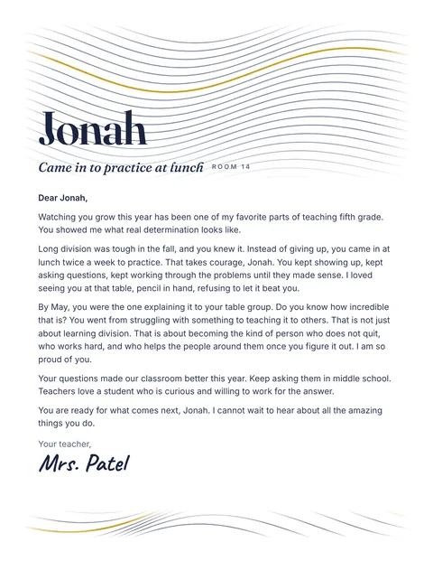 A personal letter to Jonah from Mrs. Patel, Room 14