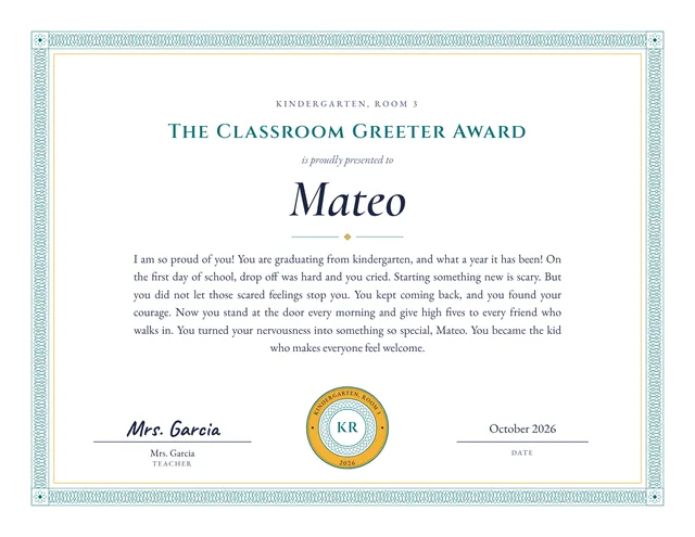 The Classroom Greeter Award certificate for Mateo, Kindergarten, Room 3