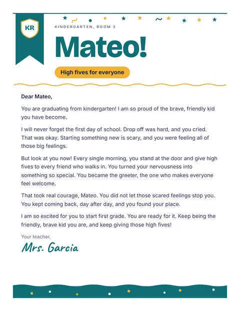 A personal letter to Mateo from Mrs. Garcia, Kindergarten, Room 3