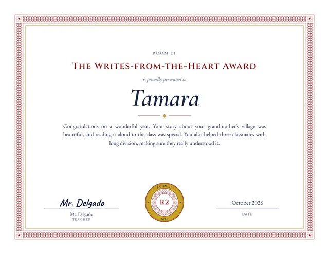 The Writes-from-the-Heart Award certificate for Tamara, Room 21