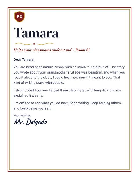 A personal letter to Tamara from Mr. Delgado, Room 21