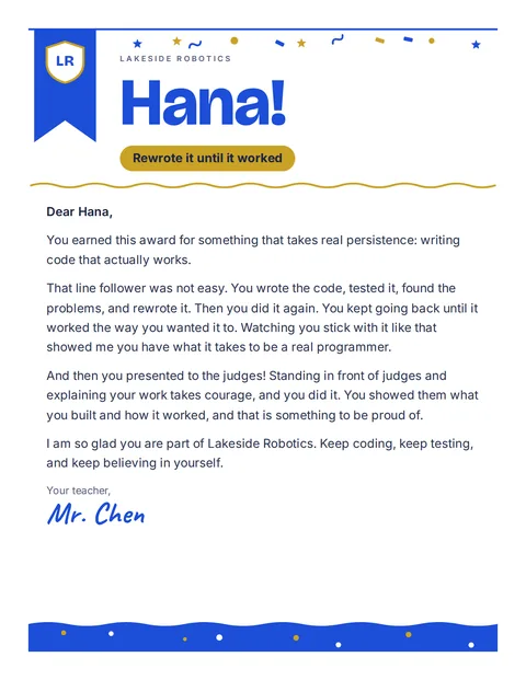 A personal letter to Hana from Mr. Chen, Lakeside Robotics