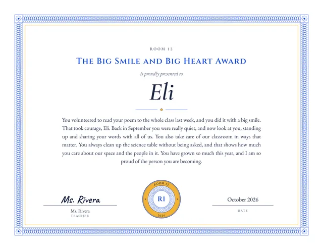 The Big Smile and Big Heart Award certificate for Eli, Room 12