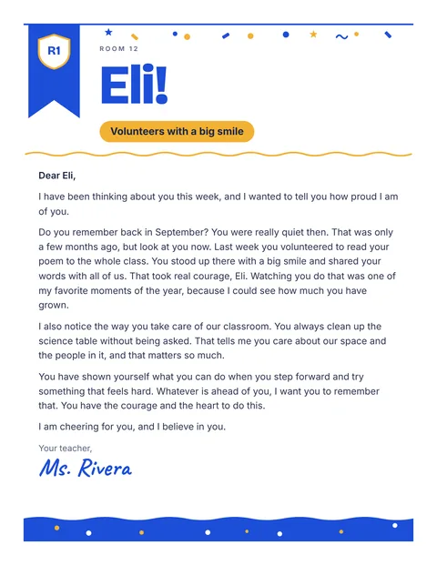 A personal letter to Eli from Ms. Rivera, Room 12