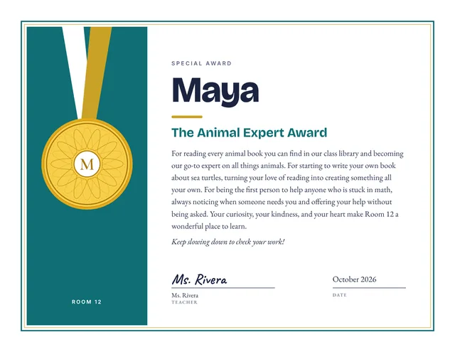 The Animal Expert Award certificate for Maya, Room 12