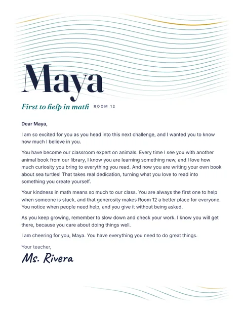 A personal letter to Maya from Ms. Rivera, Room 12