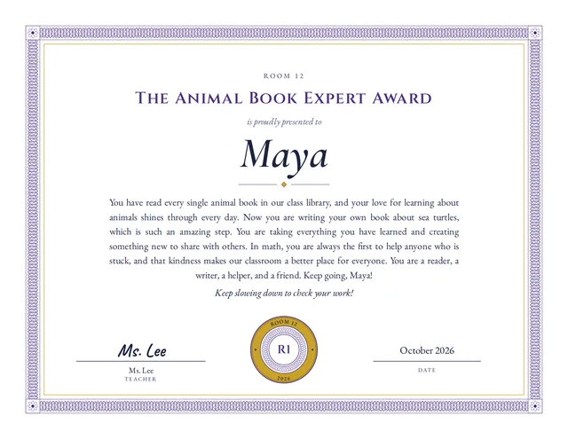 The Animal Book Expert Award certificate for Maya, Room 12