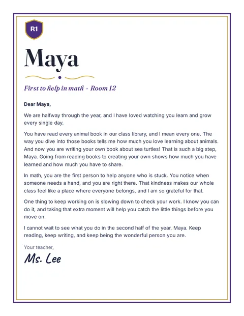 A personal letter to Maya from Ms. Lee, Room 12