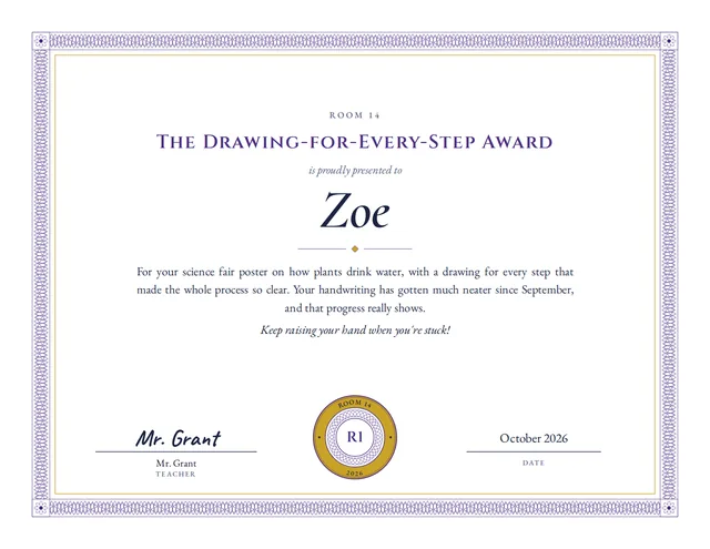 The Drawing-for-Every-Step Award certificate for Zoe, Room 14