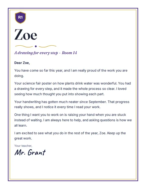 A personal letter to Zoe from Mr. Grant, Room 14