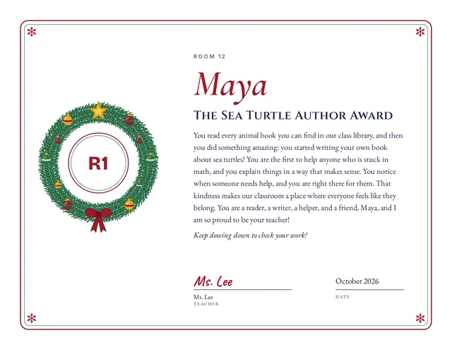 The Sea Turtle Author Award certificate for Maya, Room 12