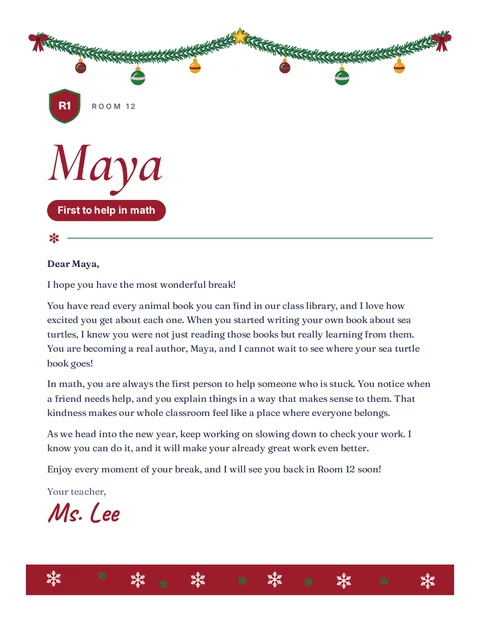 A personal letter to Maya from Ms. Lee, Room 12