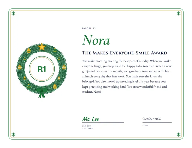 The Makes-Everyone-Smile Award certificate for Nora, Room 12