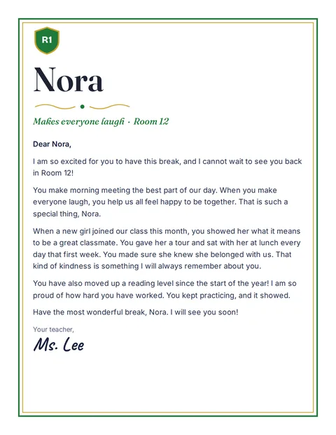 A personal letter to Nora from Ms. Lee, Room 12
