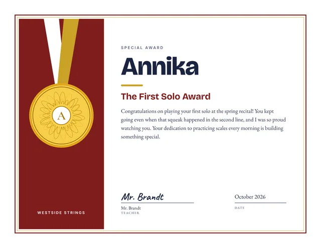 The First Solo Award certificate for Annika, Westside Strings