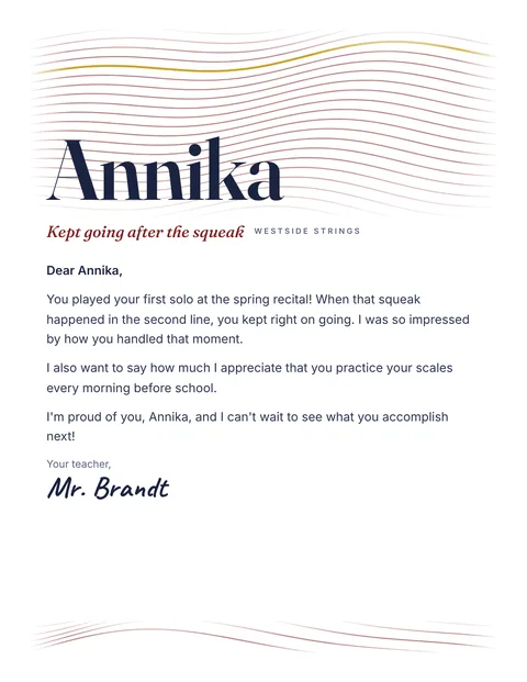 A personal letter to Annika from Mr. Brandt, Westside Strings