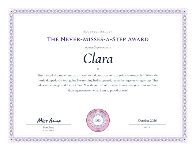 The Never-Misses-a-Step Award certificate for Clara, Bluebell Ballet