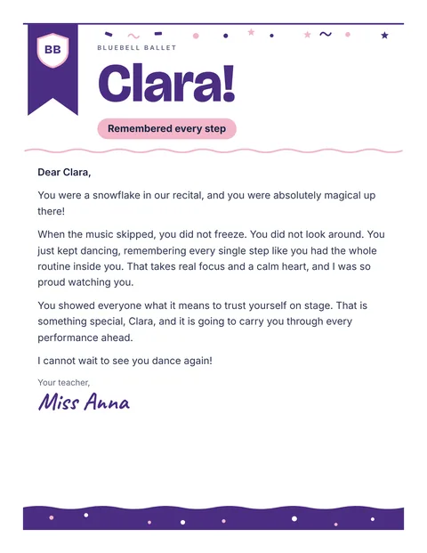 A personal letter to Clara from Miss Anna, Bluebell Ballet