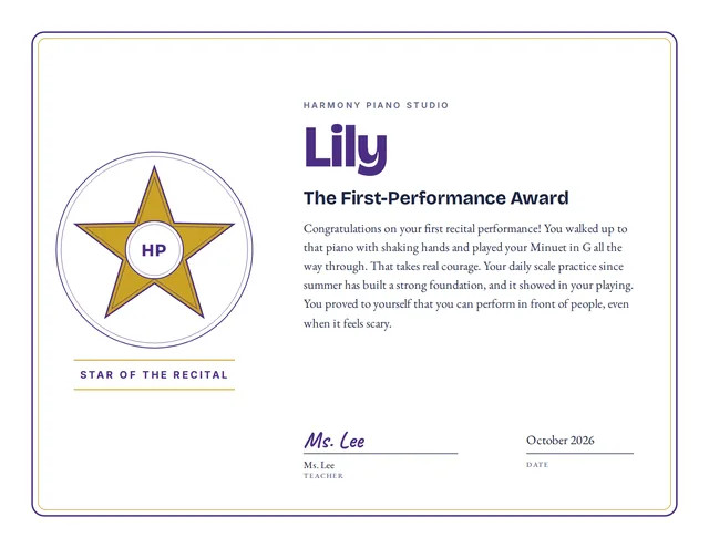 The First-Performance Award certificate for Lily, Harmony Piano Studio