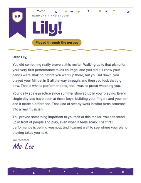 A personal letter to Lily from Ms. Lee, Harmony Piano Studio