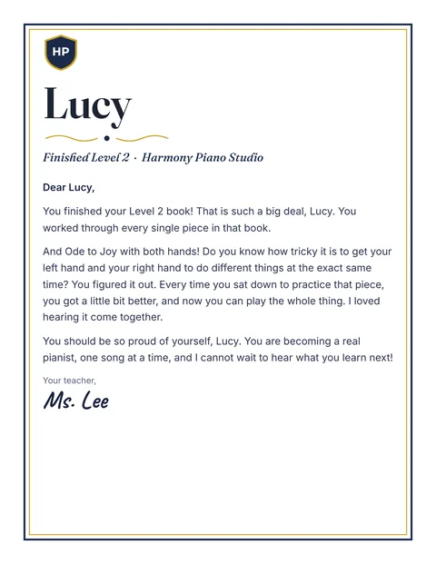 A personal letter to Lucy from Ms. Lee, Harmony Piano Studio