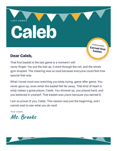 A personal letter to Caleb from Ms. Brooks, Lady Hawks