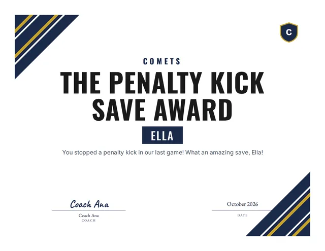 The Penalty Kick Save Award certificate for Ella, Comets