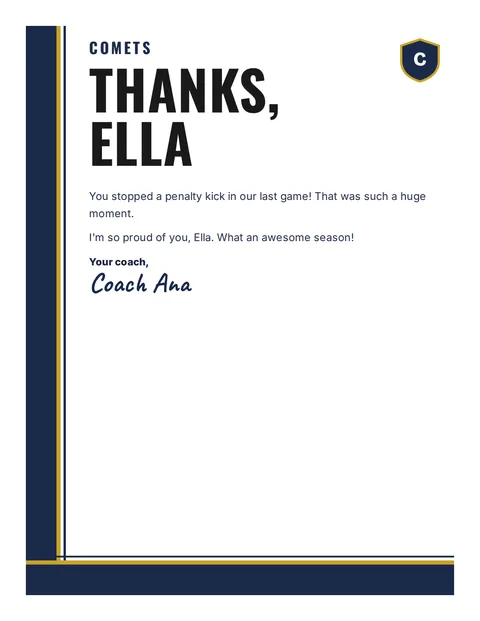 A personal letter to Ella from Coach Ana, Comets