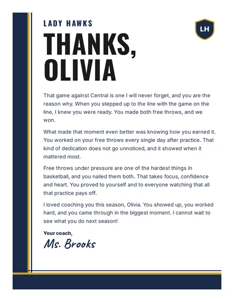 A personal letter to Olivia from Ms. Brooks, Lady Hawks