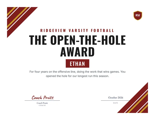 The Open-the-Hole Award certificate for Ethan, Ridgeview Varsity Football