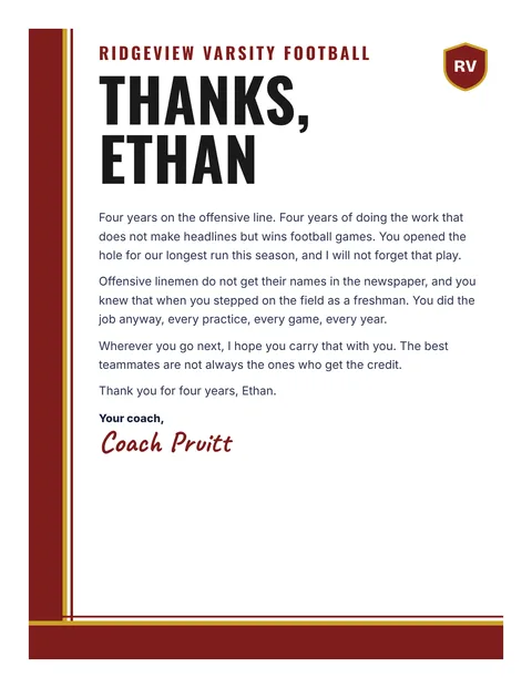 A personal letter to Ethan from Coach Pruitt, Ridgeview Varsity Football