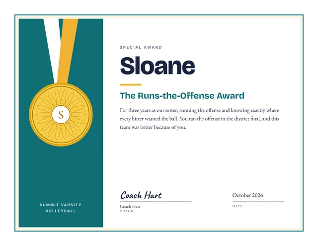 The Runs-the-Offense Award certificate for Sloane, Summit Varsity Volleyball