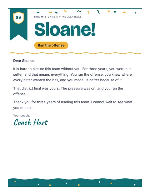 A personal letter to Sloane from Coach Hart, Summit Varsity Volleyball