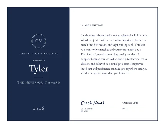 The Never-Quit Award certificate for Tyler, Central Varsity Wrestling